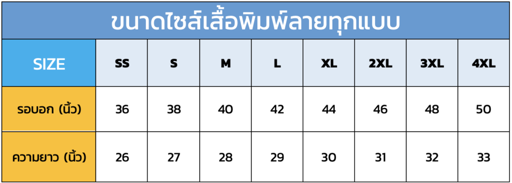 ขนาดไซส์เสื้อพิมพ์ลายทุกแบบ